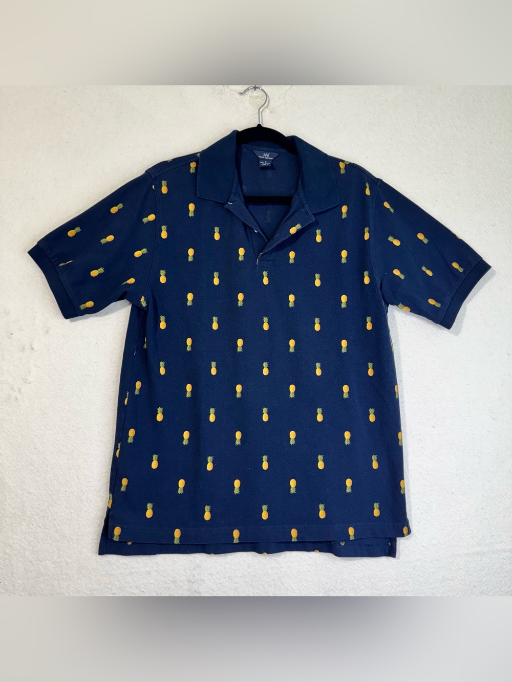 346 Brooks Brothers Navy Polo Yellow Pineapple Motif Print Mens Medium Golf Prep